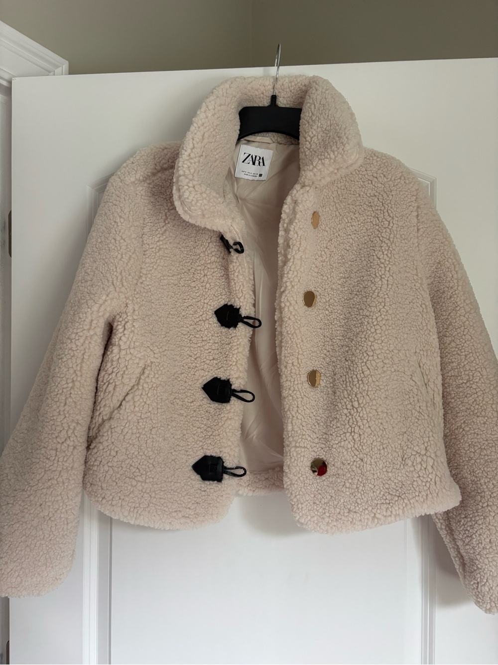 Zara Cream Teddy Toggle Coat with Black Accents size Small Brand New